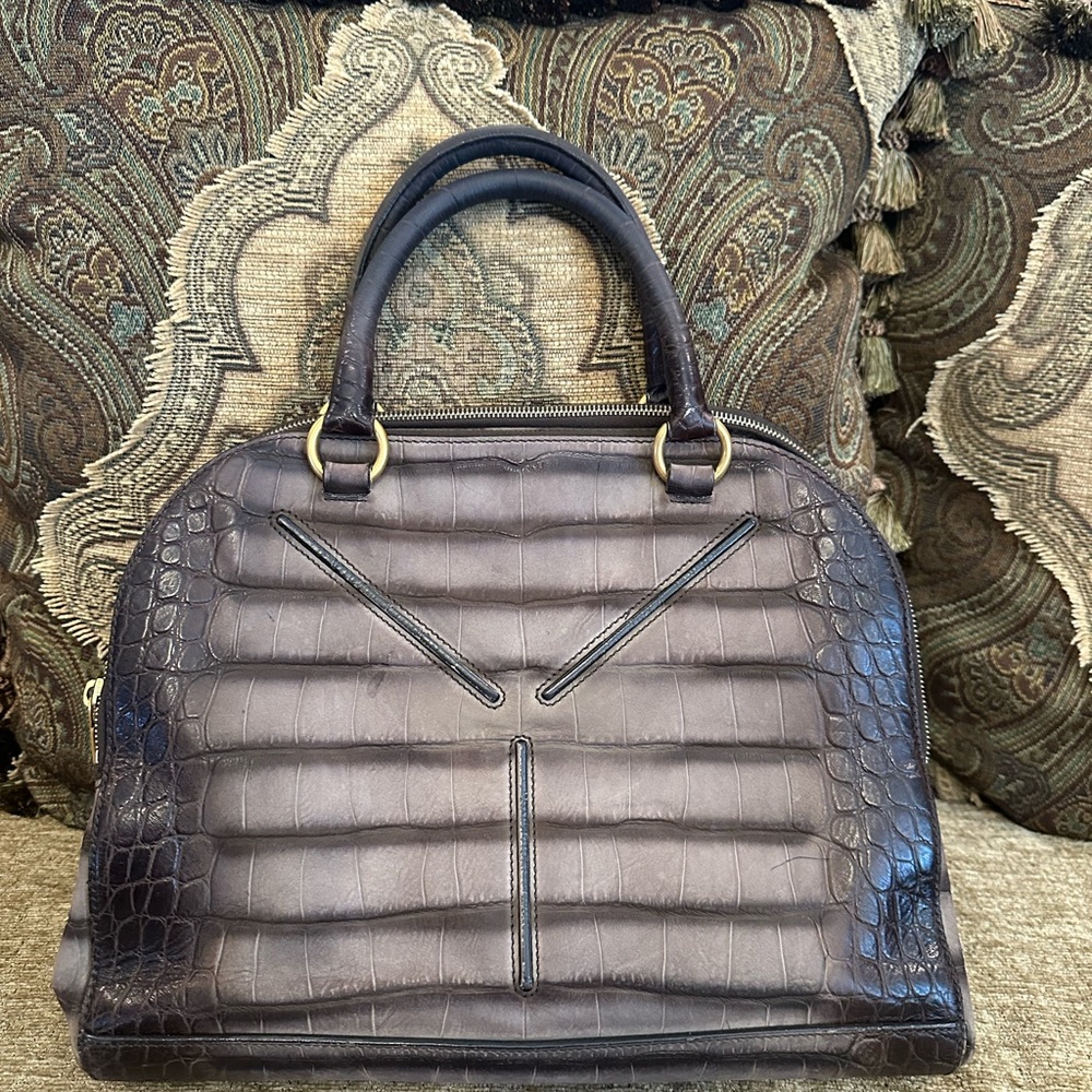 Vintage Yves Saint Laurent Dark Brown Crocodile-Embossed Satchel